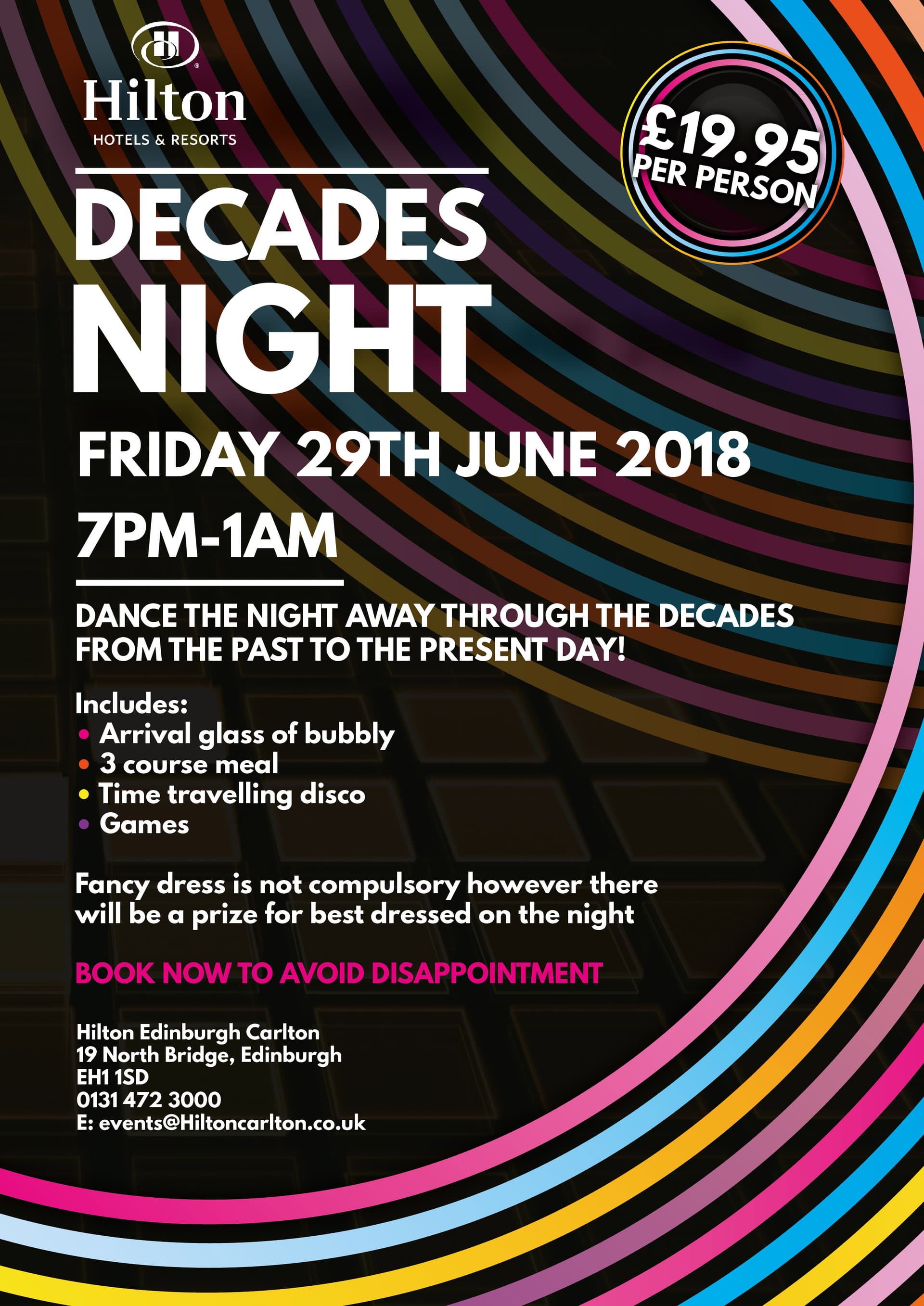 Hilton Decades Night event A4 flyer