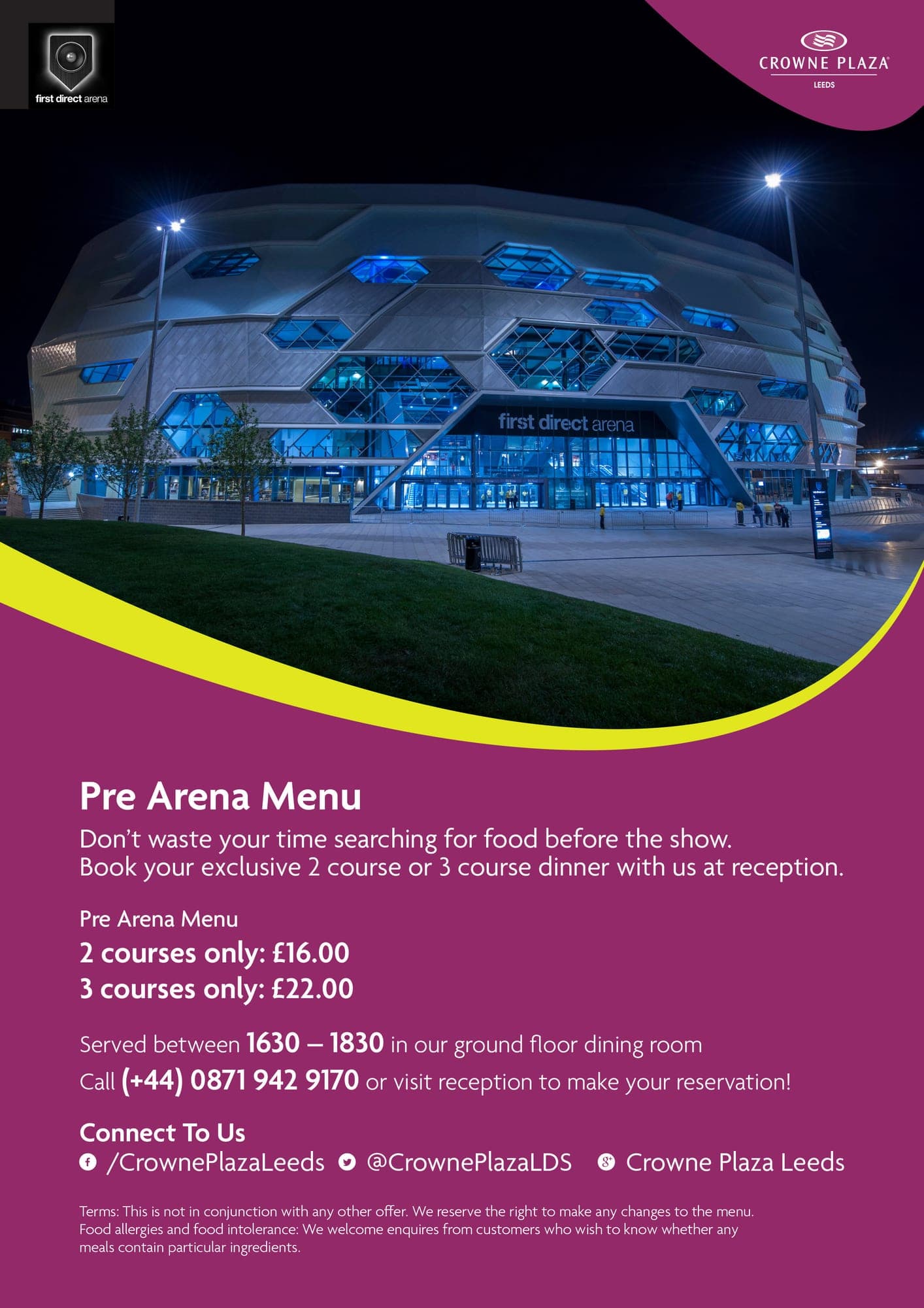 Crowne Plaza Leeds pre-arena A4 poster