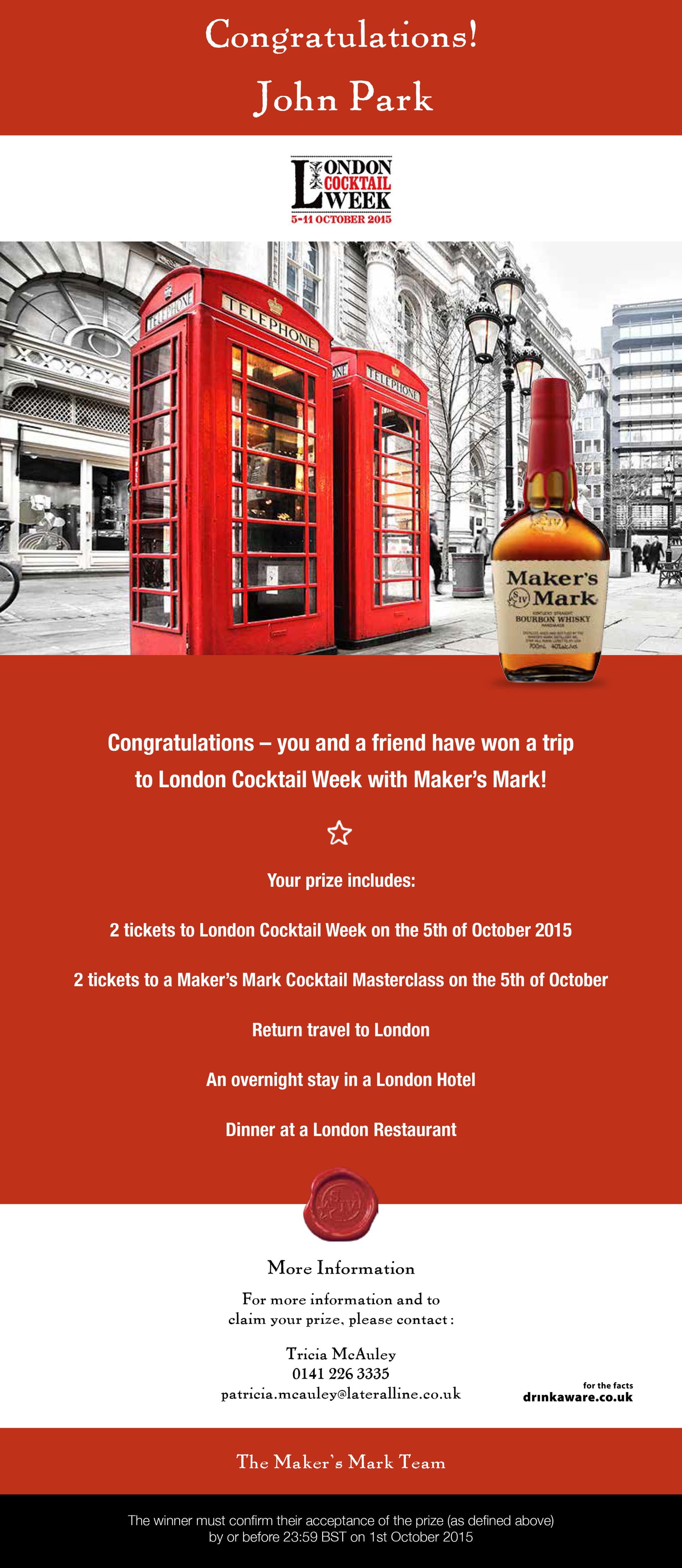 Maker's Mark competition congratulations email