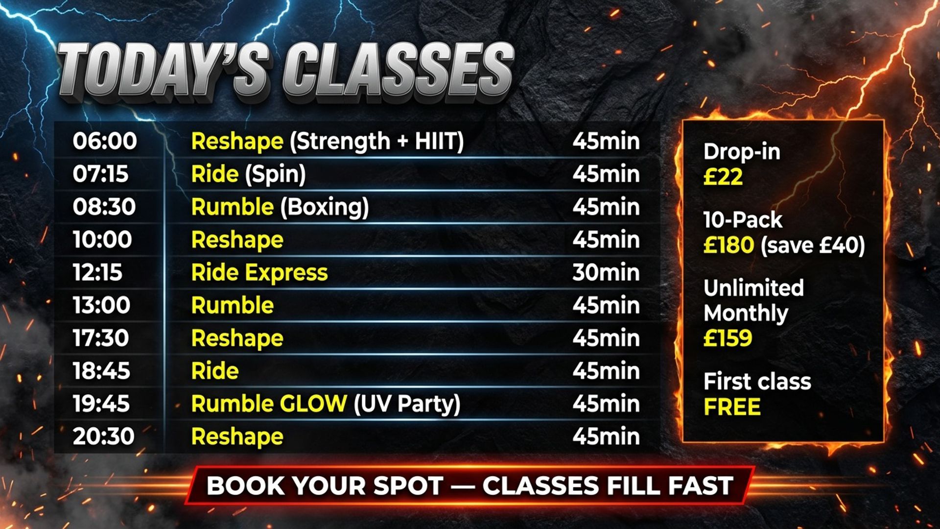 digital opening hours screen showing gym design
